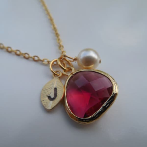 July Birthstone necklace, Bridesmaid Gift, Gold or Silver Ruby Necklace with Initial Leaf,Jewel,Pearl,Flower Girl Gift,Birthday Gift