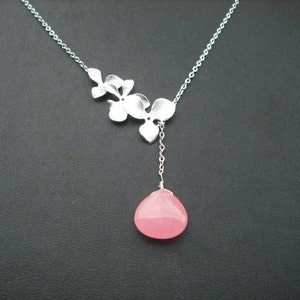 tripple orchid flowers lariat with bubble gum pink smooth jade briolette, bridesmaids gift, wedding gift image 1