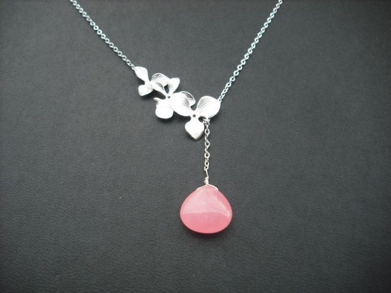 tripple orchid flowers lariat with bubble gum pink smooth jade briolette, bridesmaids gift, wedding gift image 1