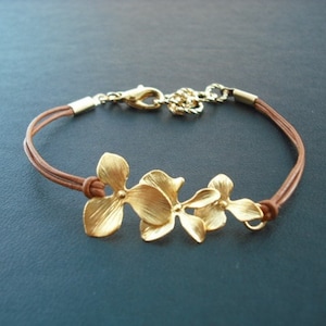 Bridesmaid Gift, Gold Bracelet with Orchid Flowers, Flower Girl Gift, Wedding Gift, Birthday Gift image 1