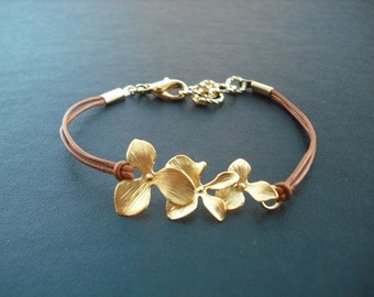 Bridesmaid Gift, Gold Bracelet with Orchid Flowers, Flower Girl Gift, Wedding Gift, Birthday Gift