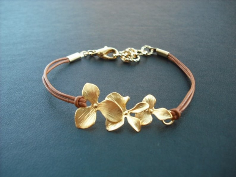 Bridesmaid Gift, Gold Bracelet with Orchid Flowers, Flower Girl Gift, Wedding Gift, Birthday Gift image 1