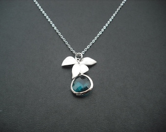 wild orchid flowers and the blue zircon bezel necklace - white gold plated, Bridesmaids gift, Wedding Gift