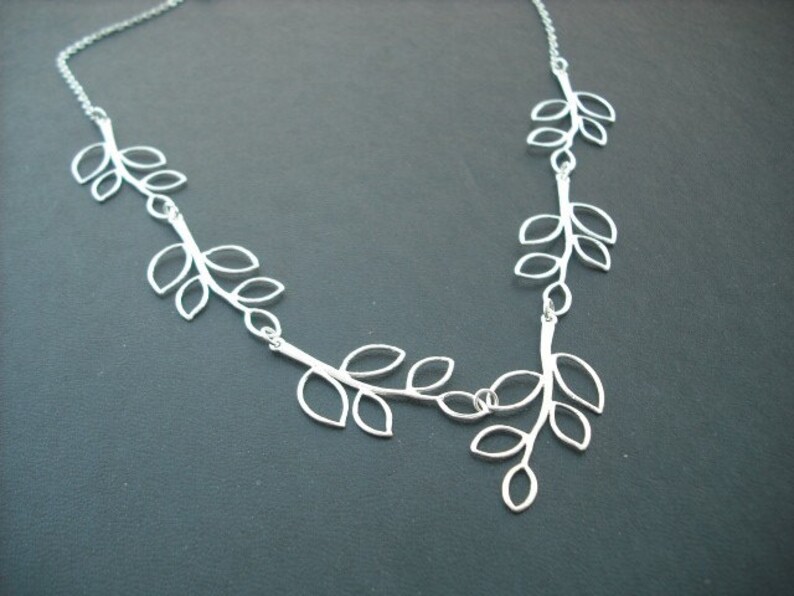 bridemaid necklace, silver necklace, multi matte finish five leaf branch necklace, bridesmaid gift, wedding gift image 2