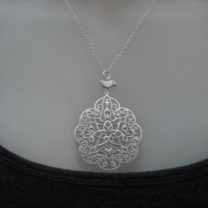 filigree with bird necklace white gold plated image 3