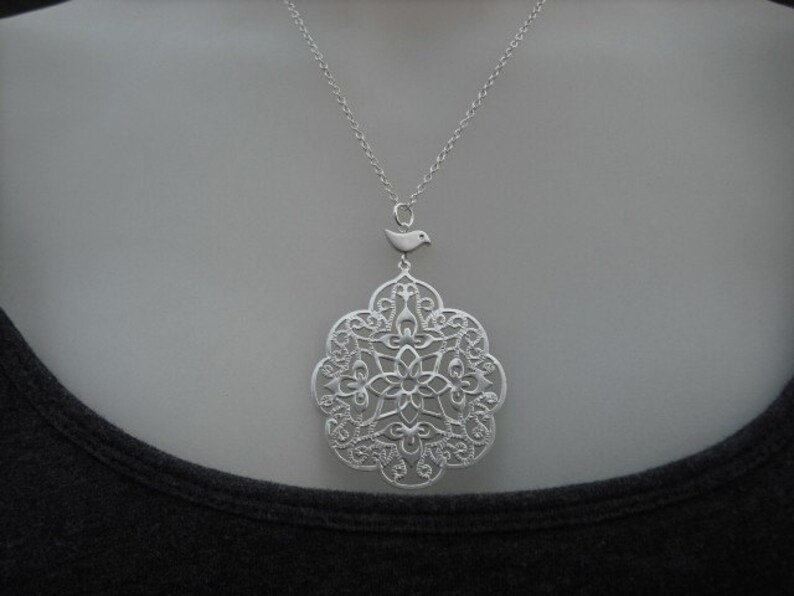 filigree with bird necklace white gold plated image 3