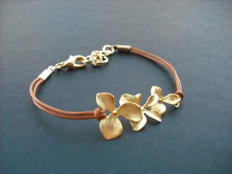 Bridesmaid Gift, Gold Bracelet with Orchid Flowers, Flower Girl Gift, Wedding Gift, Birthday Gift image 3