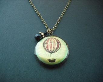 Locket Necklace, Antique Brass Locket necklace with Hot Air Balloon Altered Photo Locket, Version 2