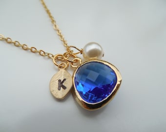 Sapphire Necklace, Gold or Silver September Birthstone Necklace with Initial Leaf, Jewel, Pearl, Bridesmaid gift, Birthday Gift