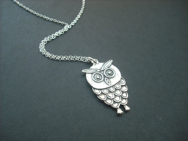 SALE - little owl necklace - white gold plated chain