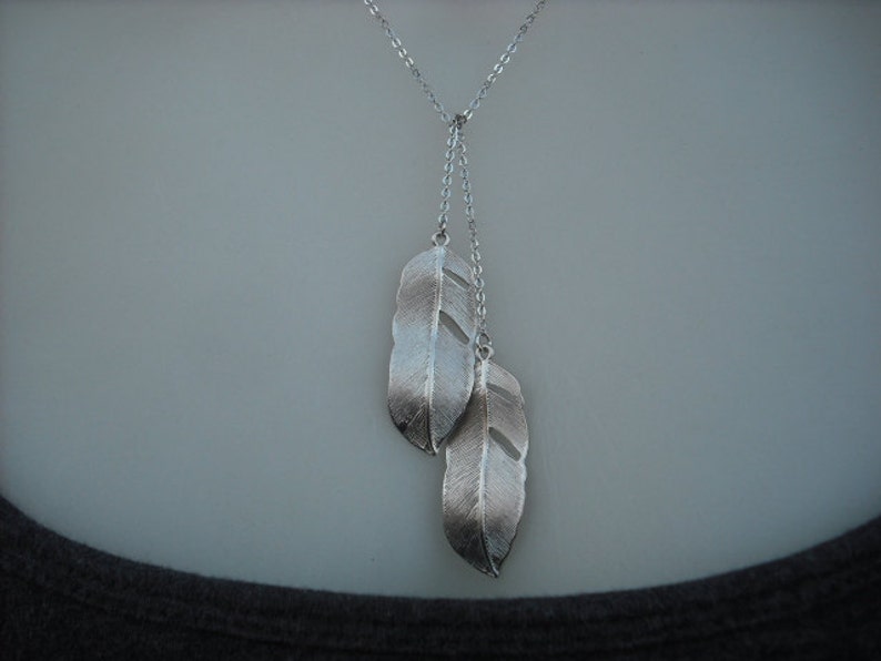 Bridesmaid Gift, Silver Bridesmaid Lariat with Two Sided Cute Feather Lariat Version 2 image 3
