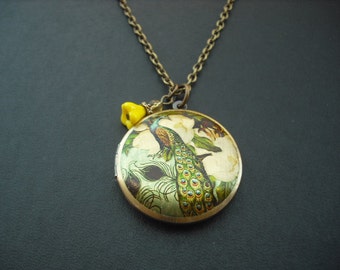 Peacock in Bloom locket necklace with crystal bead version 2
