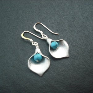 Gold or Silver Calla Lily earrings Turquoise bead image 4