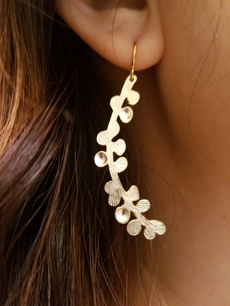 Matte Yellow Gold Lovely Branch and Leaves Earrings image 1