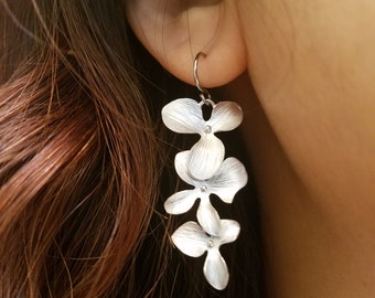 Gold or Silver Triple Orchid Flower Cascading Earring