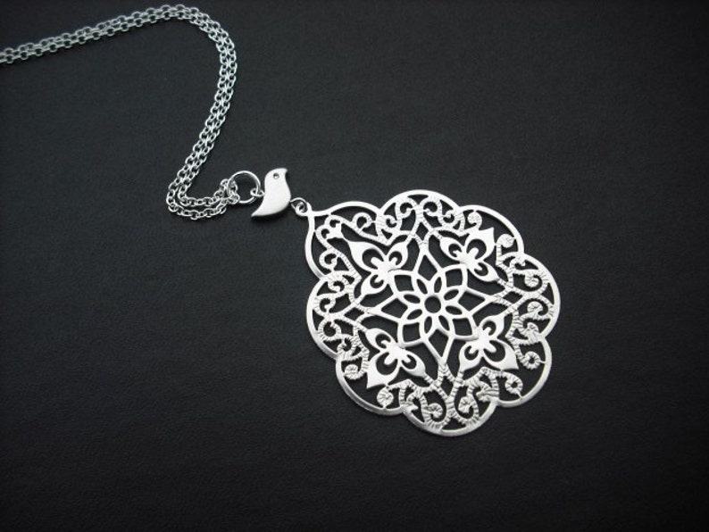 filigree with bird necklace white gold plated image 2