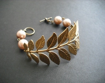 Raw Brass / Silver / Antique Gold or Antique Silver Bracelet with Brass Long Leafy Frond and Pearl, Touch of Life Bracelet