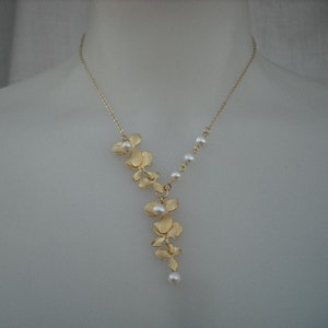 matte yellow gold two triple orchid flowers with freshwater pearl necklace 16K yellow gold plated chain image 3