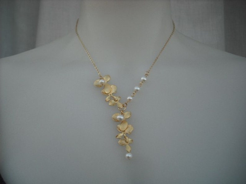 matte yellow gold two triple orchid flowers with freshwater pearl necklace 16K yellow gold plated chain image 3