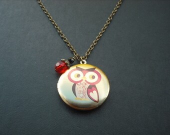 whimsical owl  locket with antique brass chain necklace