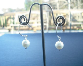 Bridesmaid Gift, Sterling Silver Large Hoop Freshwater Pearl Earring