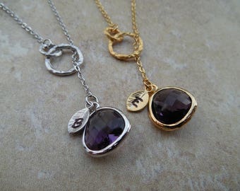 Gold or Silver February Amethyst Birthstone Lariat Necklace w/ Double Ring,Initial Leaf,Jewel,  Availabe in all birthstones, Bridesmaid Gift