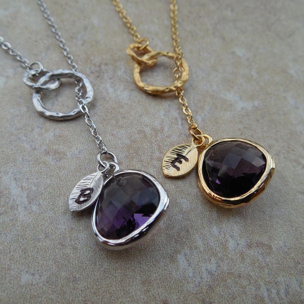 Gold or Silver February Amethyst Birthstone Lariat Necklace w/ Double Ring,Initial Leaf,Jewel,  Availabe in all birthstones, Bridesmaid Gift