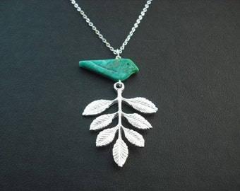 seven leaf branch and turquoise bird necklace