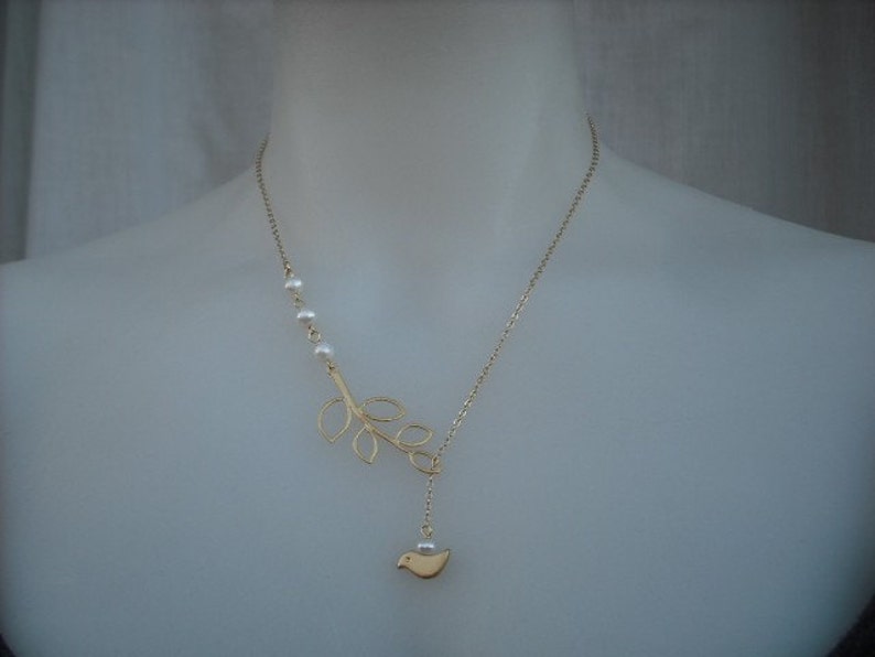 matte yellow gold five leaf branch and bird lariat 16K yellow gold plated chain image 4