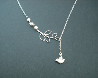 matte silver five leaf branch and bird lariat - white gold plated chain
