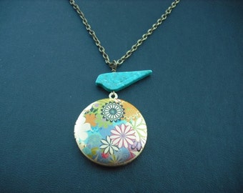 spring flowers locket with antique brass chain necklace