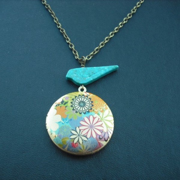 spring flowers locket with antique brass chain necklace