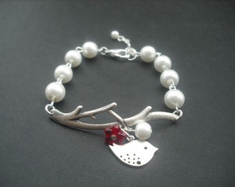 bare branch and mod bird bracelet - matte white gold and antique silver