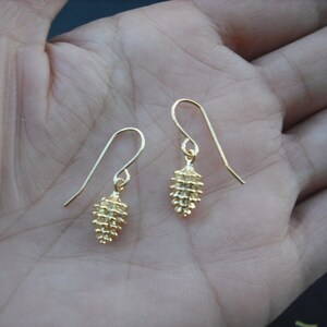 May include: A pair of gold-toned earrings with a small, textured, pine cone-shaped design.