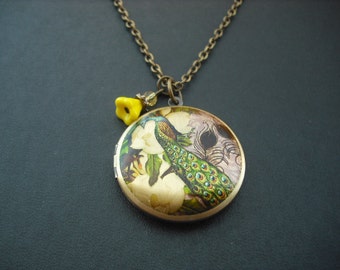 Peacock in Bloom locket necklace with crystal bead version 3