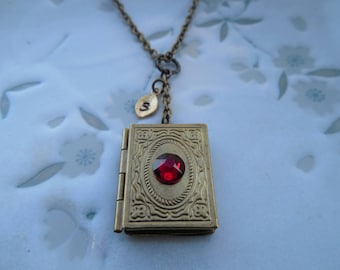 Personalized Antique Brass Book Locket necklace, Birthstone Necklace, Personalized initial Necklace, January Birthstone, Garnet Birthstone