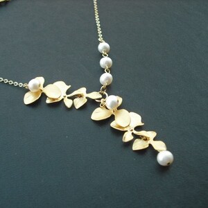 matte yellow gold two triple orchid flowers with freshwater pearl necklace 16K yellow gold plated chain image 4