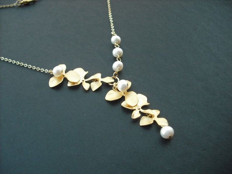 matte yellow gold two triple orchid flowers with freshwater pearl necklace 16K yellow gold plated chain image 4