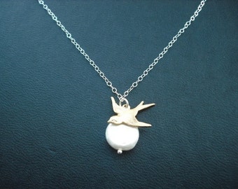 flying bird with pearl - sterling silver chain