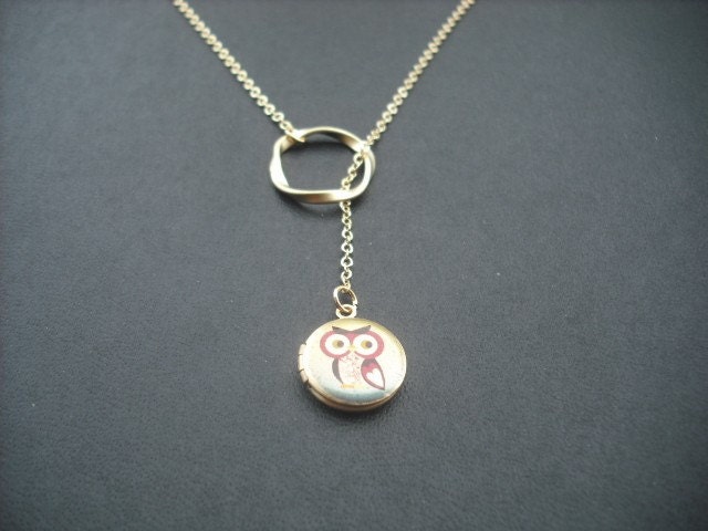 Gold Locket Lariat with Whimsical Owl Mini Locket and Twisted Gold Circle