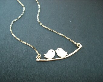 couple necklace, family necklace, matte yellow gold necklace, lovely mod birds neckalce