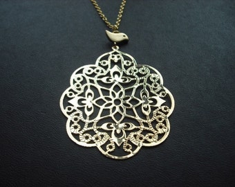 filigree with bird necklace - 16K yellow gold plated