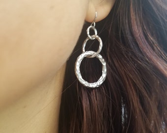 Matte White Gold Plated Three Rings Earrings