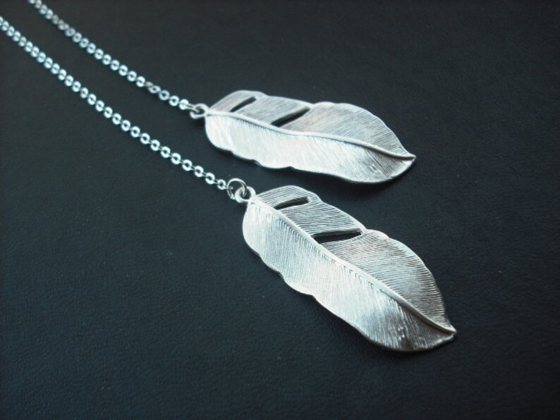 Bridesmaid Gift, Silver Bridesmaid Lariat with Two Sided Cute Feather Lariat Version 2 image 2
