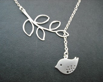 Bridesmaid Lariat, Silver Lariat with Sweet Little Mod Bird, Five Leaf Branch