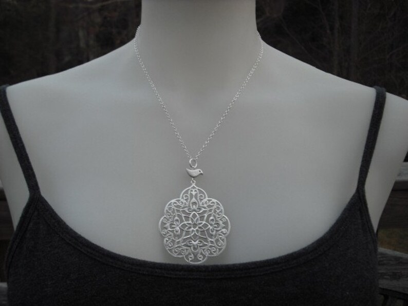 filigree with bird necklace white gold plated image 4