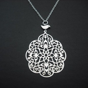 filigree with bird necklace white gold plated image 1