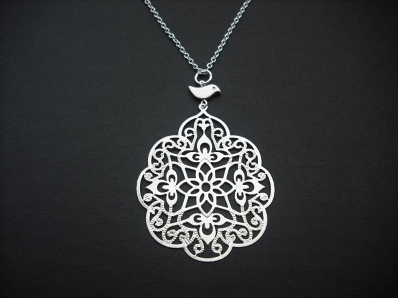 filigree with bird necklace white gold plated image 1