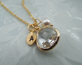 Collar de piedra de nacimiento de cristal de abril de oro o plata, disponible en todas las piedras de nacimiento, regalo de dama de honor, regalo de cumpleaños, regalo de niña de flores