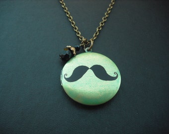 mustache altered photo locket with antique brass chain necklace version 2